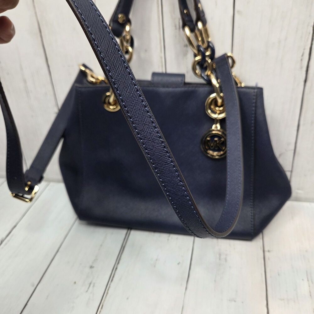Michael Kors Saffiano Leather Cynthia Convertible Satchel Bag Small Navy Blue - Picture 6 of 16